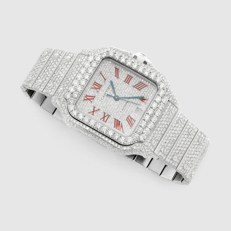 Iced Out Santos de Cartier 40mm Stainless Steel Red Dial Watch 23.5ct | Uverly