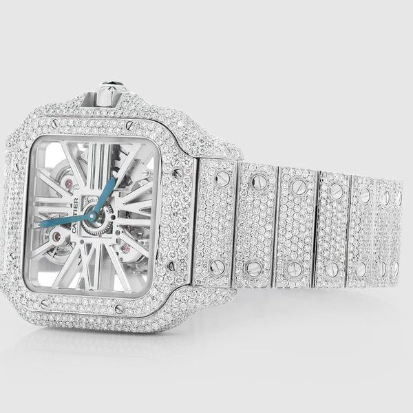 Iced Out Cartier Santos Skeleton 40mm Stainless Steel Watch 20.2ct. | Uverly
