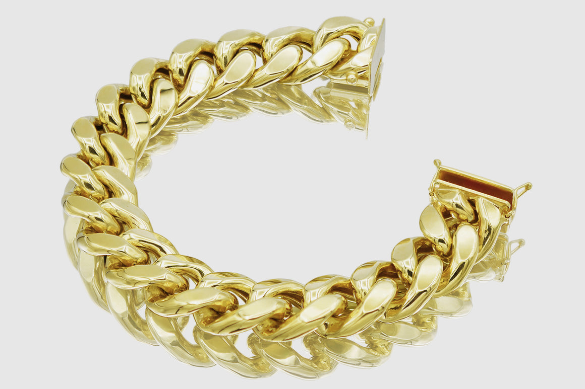 15mm 14K Semi-Solid Miami Cuban Yellow Gold Bracelet | Uverly
