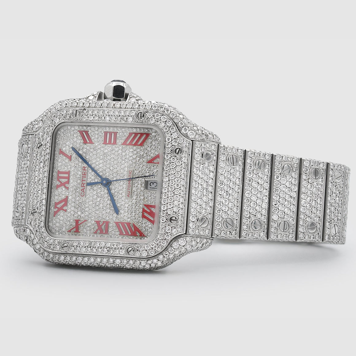 Iced Out Cartier Santos 40mm Diamond Red Dial Watch 22.6ct | Uverly