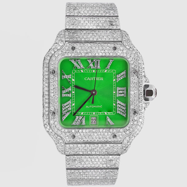 Iced Out Cartier Santos 40mm Diamond Green Dial Watch Uverly