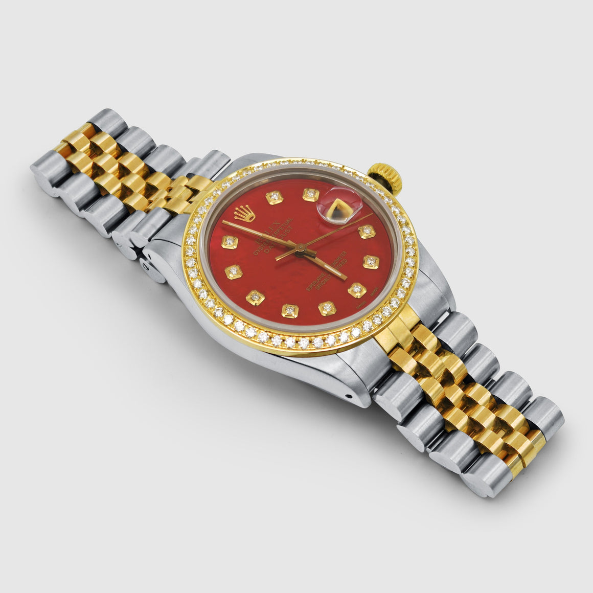 Diamond Rolex DateJust 36mm Two-Tone Red Dial Watch