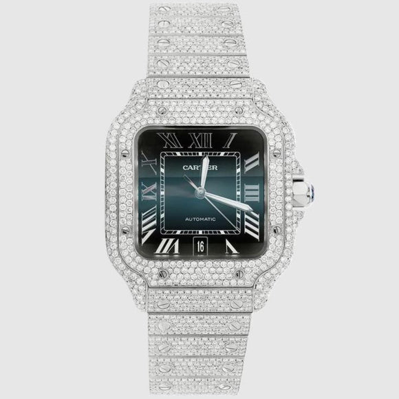 Iced Out Santos de Cartier 40mm Stainless Steel Blue Dial Watch 20.2ct | Uverly