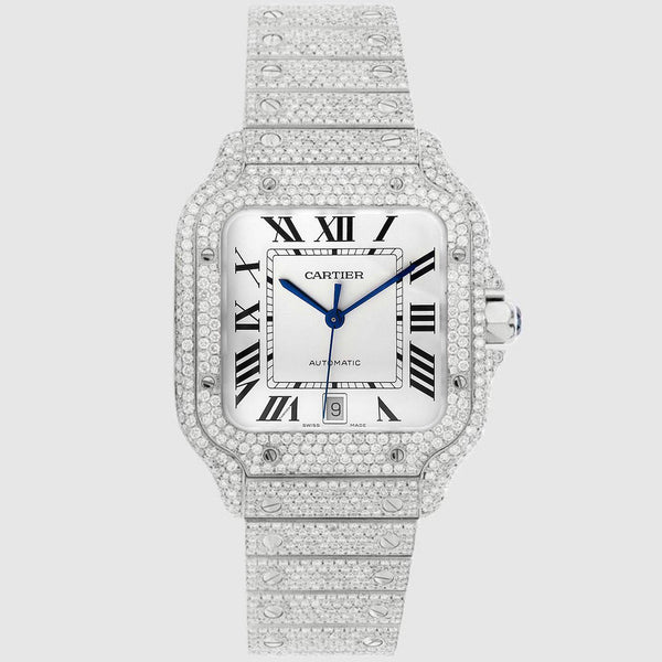 Iced Out Santos de Cartier 40mm Stainless Steel White Dial Watch 20.2ct Uverly