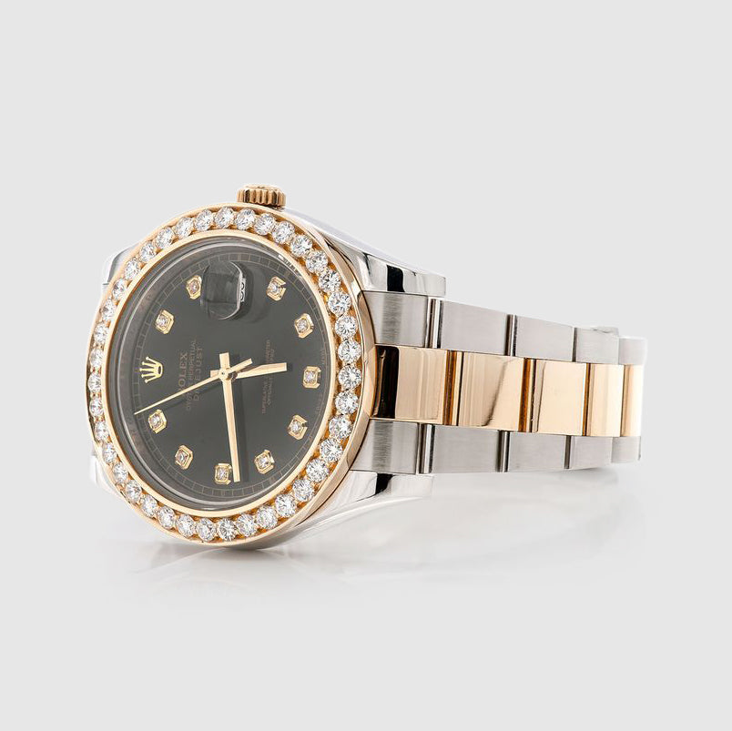 Diamond Rolex DateJust 41mm Two-Tone Black Dial Watch