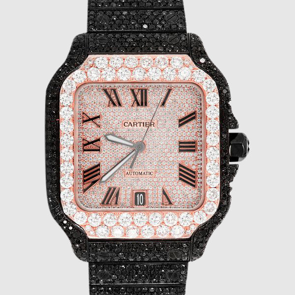 Iced Out Cartier Santos 40mm Black Diamond Watch 23.5ct. | Uverly