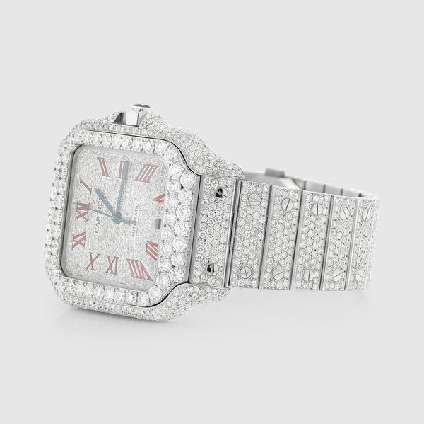 Iced Out Santos de Cartier 40mm Stainless Steel Red Dial Watch 23.5ct | Uverly
