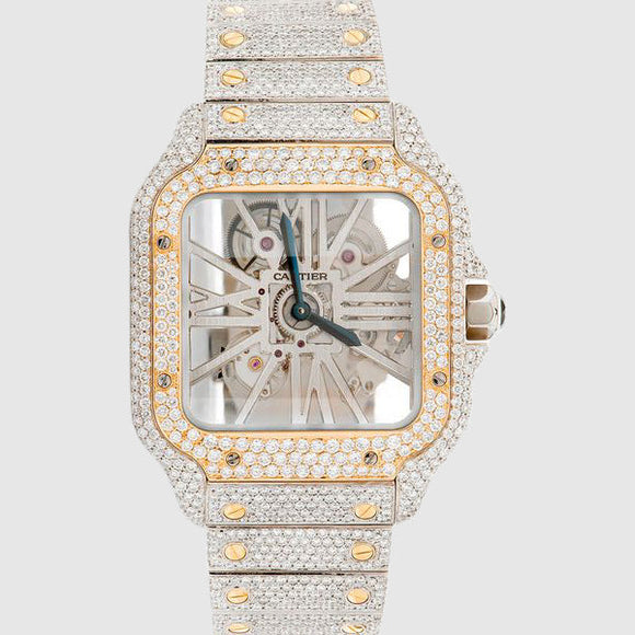 Iced Out Cartier Santos Skeleton 40mm Two Tone Diamond Watch 20.2ct.
