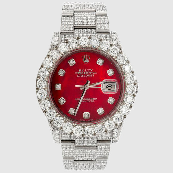 Diamond Rolex DateJust 36mm Stainless Steel Red Dial Watch