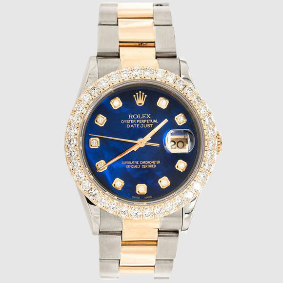 Diamond Rolex DateJust 36mm Two-Tone Blue Dial Watch