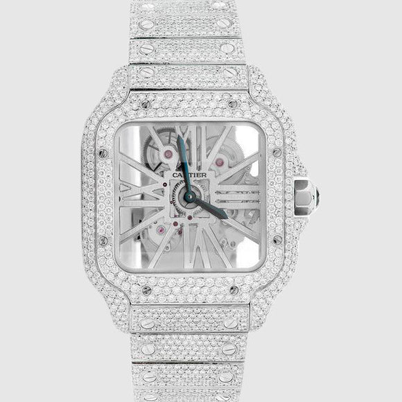 Iced Out Cartier Santos Skeleton 40mm Stainless Steel Watch 20.2ct. | Uverly