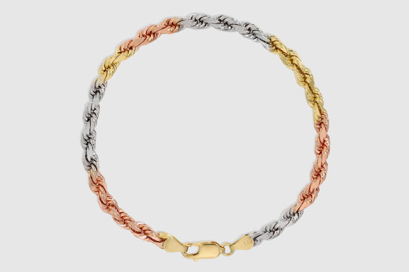 3mm - 7.5mm Rope Bracelet - 14k Solid Tri-Color Gold
