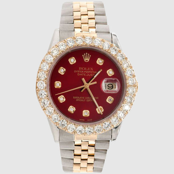 Diamond Rolex DateJust 36mm Two-Tone Red Dial Watch