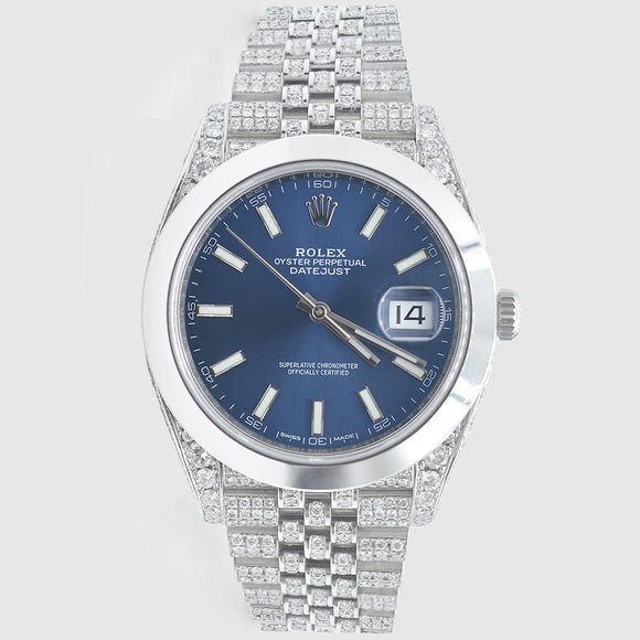 Iced Out DateJust 41mm Stainless Steel Blue Dial Watch