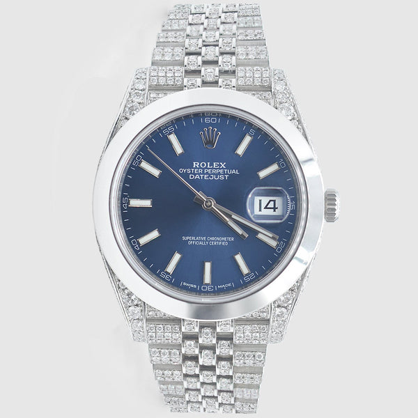 Iced Out DateJust 41mm Stainless Steel Blue Dial Watch