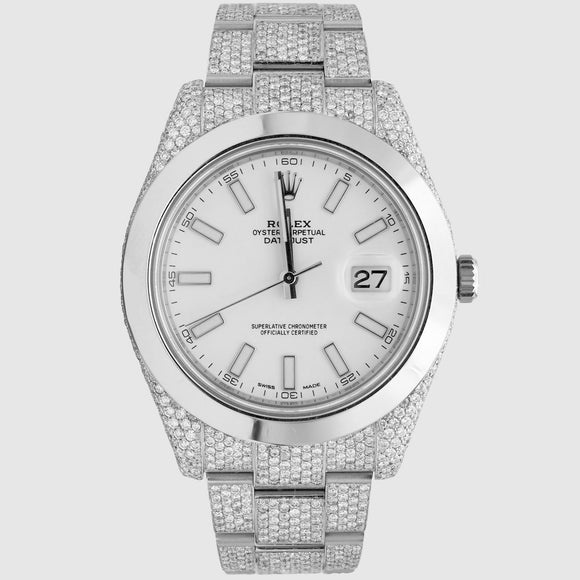 Iced Out DateJust II 41mm Stainless Steel White Dial Watch