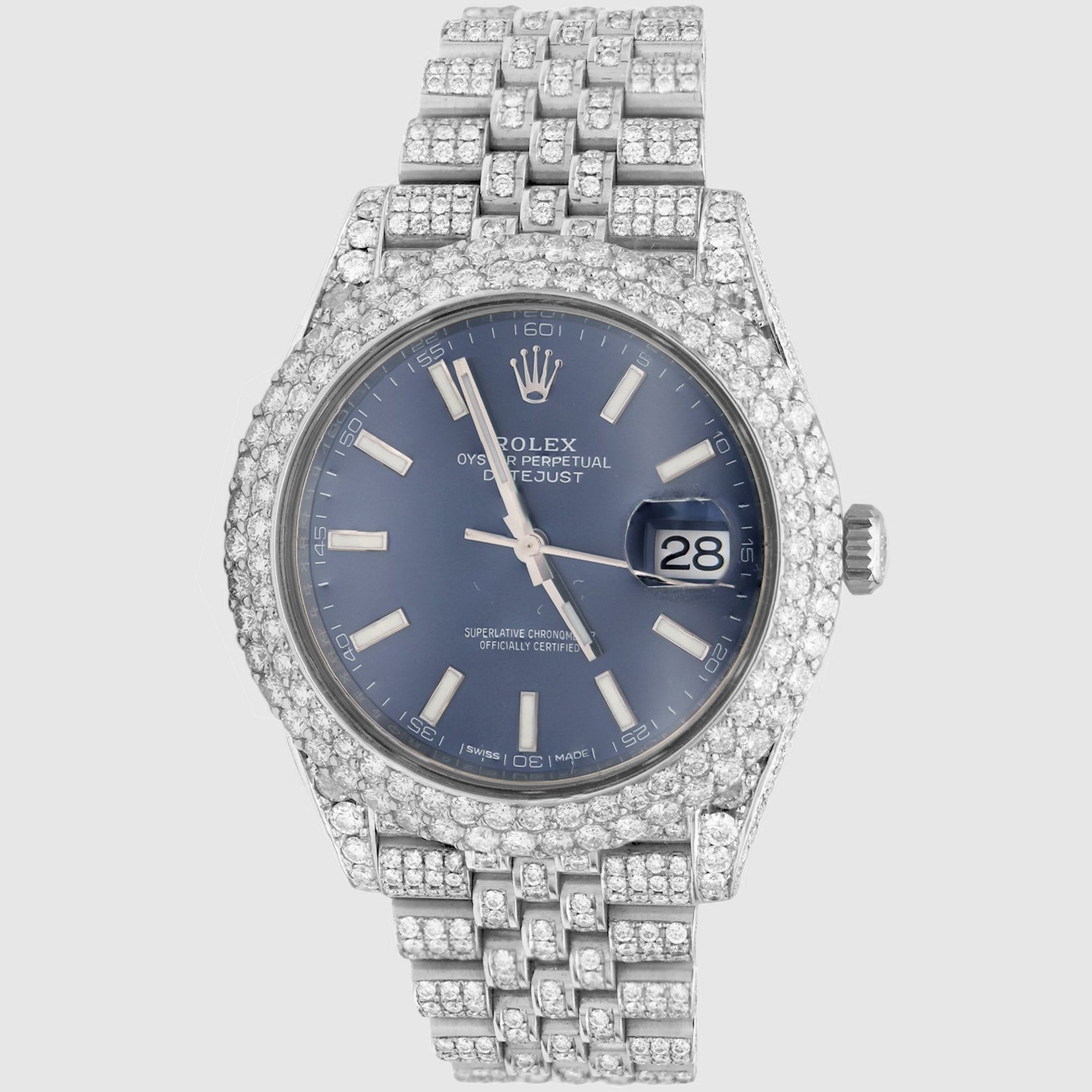 Iced Out Rolex DateJust 41mm Stainless Steel Blue Dial Watch Uverly