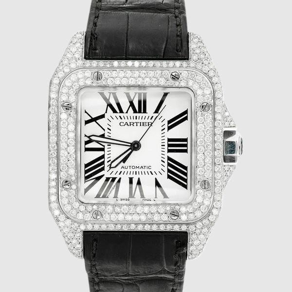 Reloj Cartier Santos 100 de acero inoxidable con correa negra y