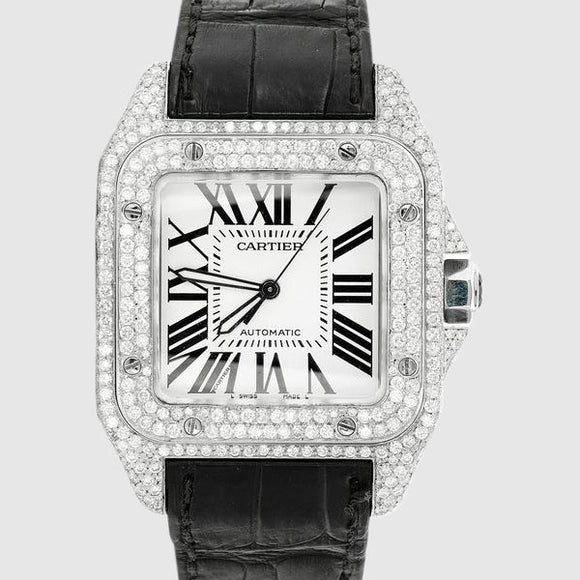 Diamond Cartier Santos 100 Stainless Steel Black Band Watch 11.8ct.