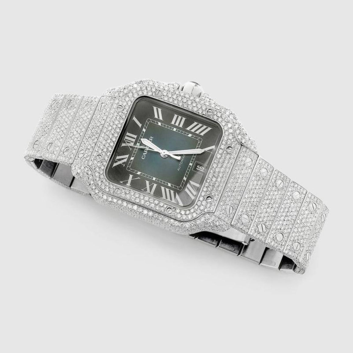 Iced Out Santos de Cartier 40mm Stainless Steel Blue Dial Watch 20.2ct | Uverly