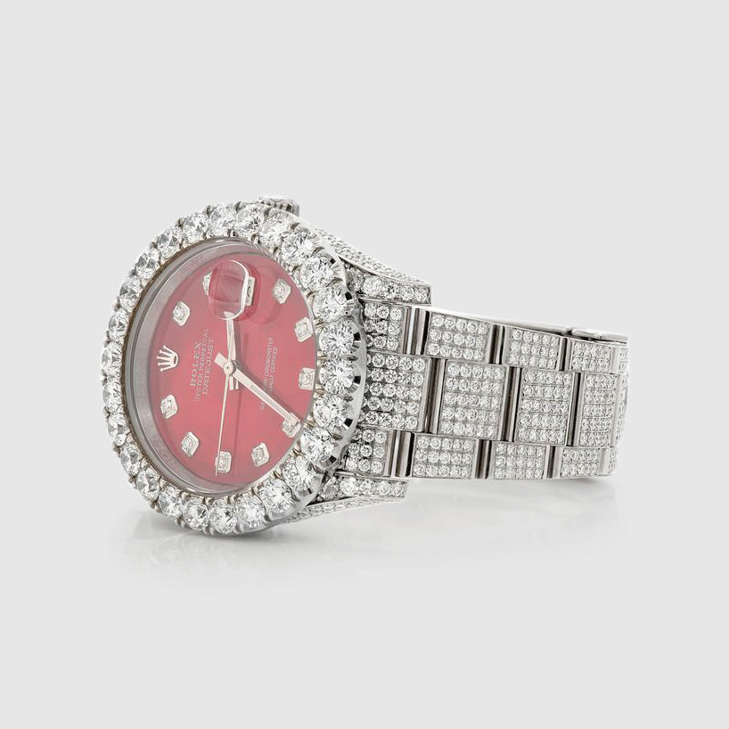 Diamond Rolex DateJust 36mm Steel Red Dial Watch - Uverly