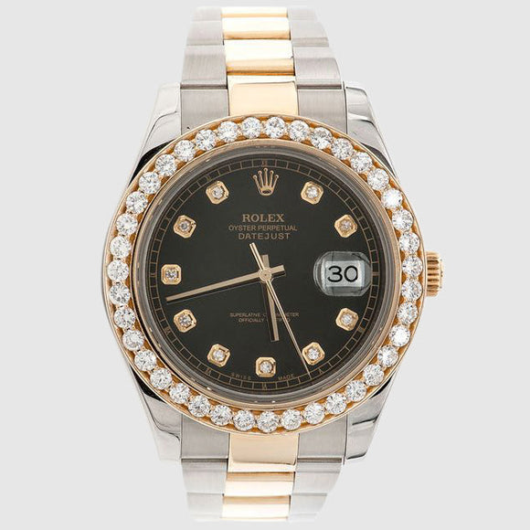 Diamond Rolex DateJust 41mm Two-Tone Black Dial Watch