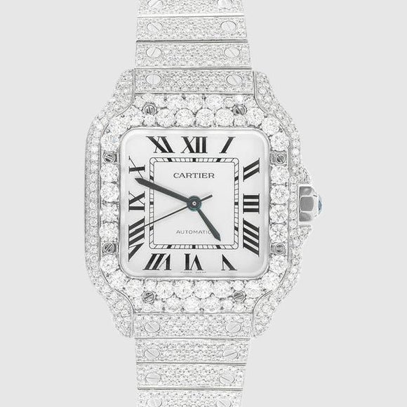 Iced Out Cartier Santos 35mm Diamond Watch 14.7ct.