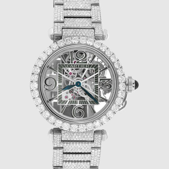Iced Out Ballon de Cartier Skeleton 41mm Stainless Steel Watch 28.7ct. | Uverly