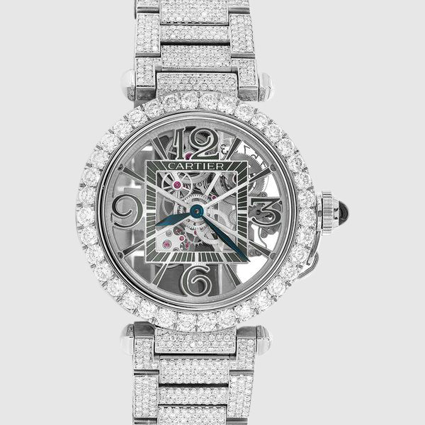 Iced Out Ballon de Cartier Skeleton 41mm Stainless Steel Watch 28.7ct. | Uverly