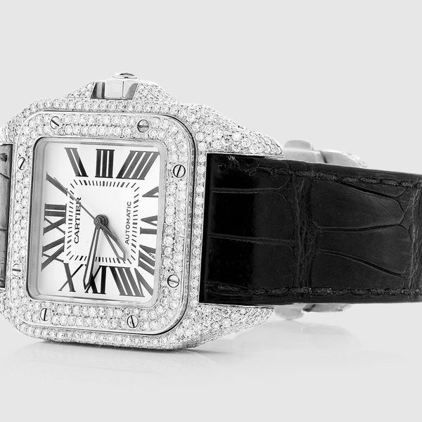 Diamond Cartier Santos 100 Stainless Steel Black Band Watch 11.8ct.