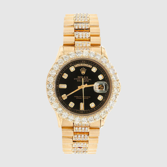 Diamond Rolex Presidential DayDate 36mm 18k Yellow Gold Black Dial Watch
