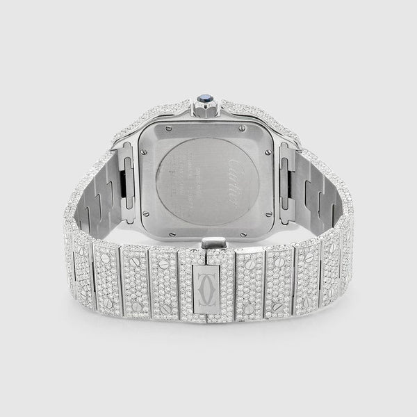 Iced Out Santos de Cartier 40mm Stainless Steel Red Dial Watch 23.5ct | Uverly