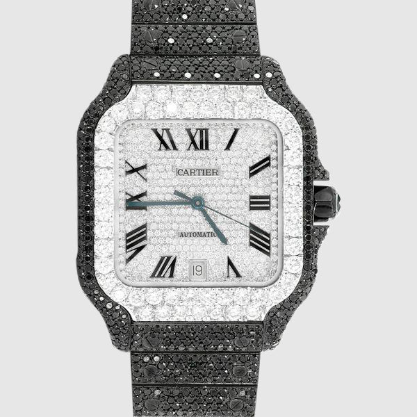 Iced Out Cartier Santos 40mm Black Diamond Watch 23.5ct. | Uverly