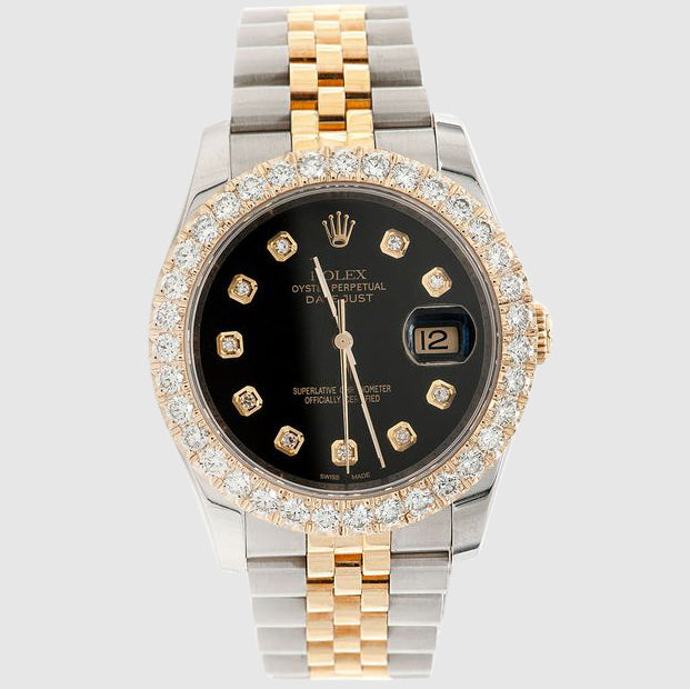 Diamond Rolex DateJust 36mm Two-Tone Black Dial Watch Uverly