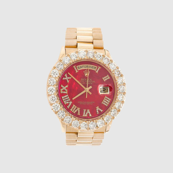 Diamond Rolex Presidential DayDate 36mm 18k Yellow Gold Red Dial Watch