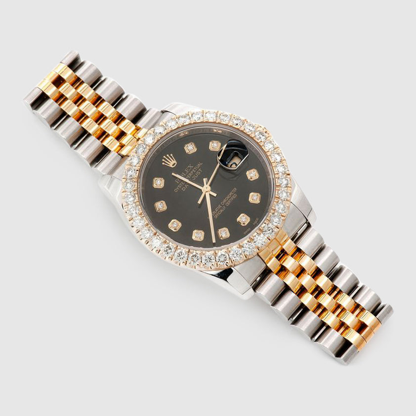 Diamond Rolex DateJust 36mm Two-Tone Black Dial Watch 3.4ct