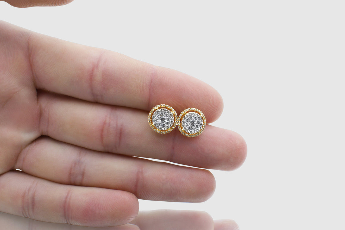 1 Ct Small Cluster Halo Luna Diamond Yellow Gold Earrings | Uverly