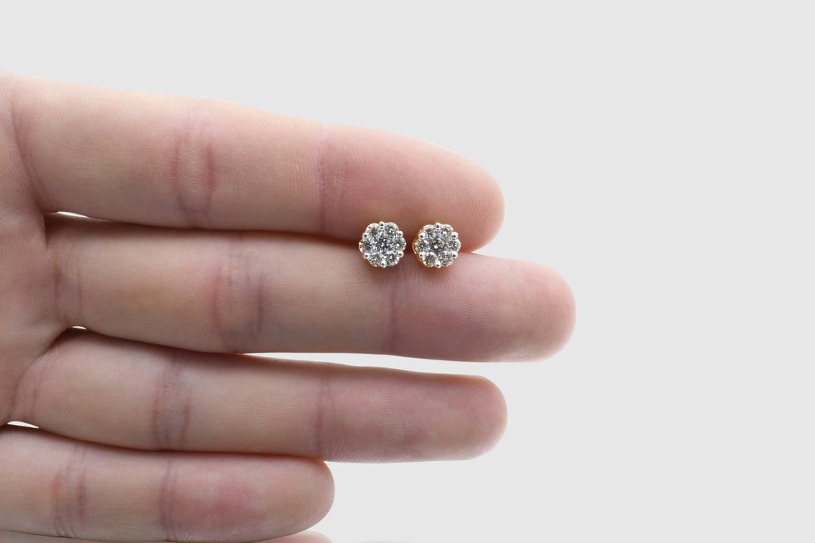 1 Ct 7-Stone Medium Cluster Flower Diamond Earrings Yellow Gold | Uverly