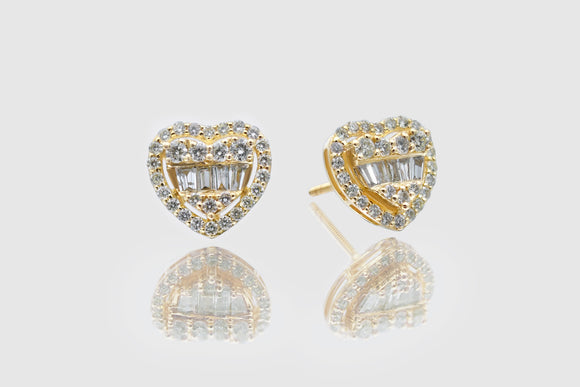 Cluster Heart Baguette Diamond Yellow Gold Earrings | Uverly