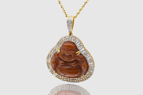 Brown Laughing Jade Buddha Gold and Diamond Pendant | Uverly