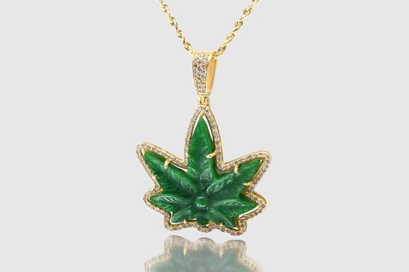 Green Jade Weed Leaf Gold and Diamond Pendant | Uverly
