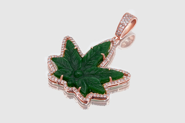 Green Jade Weed Leaf Gold and Diamond Pendant | Uverly