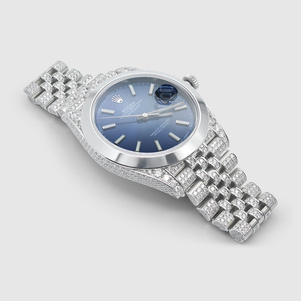 Iced Out DateJust 41mm Stainless Steel Blue Dial Watch