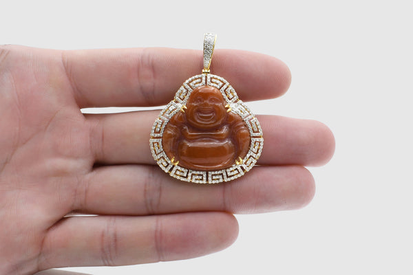 Brown Laughing Jade Buddha Gold and Diamond Pendant | Uverly