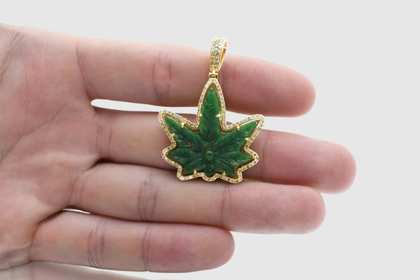 Green Jade Weed Leaf Gold and Diamond Pendant | Uverly
