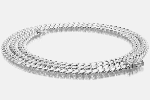 5mm Solid Miami Cuban 10k / 14k / 18k White Gold Diamond Lock Necklace | Uverly