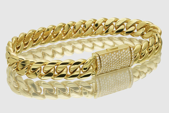10mm Solid Miami Cuban Diamond Lock Bracelet 10k / 14k / 18k / 22k Yellow Gold | Uverly