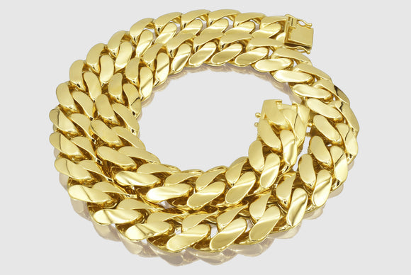 14mm Hollow 14k Miami Cuban Yellow Gold Flat Chain | Uverly