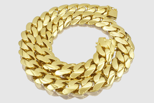 14mm Hollow 14k Miami Cuban Yellow Gold Flat Chain | Uverly