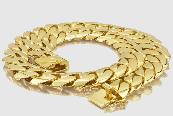 14mm Hollow 14k Miami Cuban Yellow Gold Flat Chain | Uverly